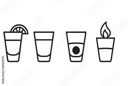 Outline Shot Glass Icon Set, Vector Cartoon Illustration of Tequila, Vodka, Jägermeister, Sambuca Shooters, Alcohol Drinks, Party Symbols, Bar and Celebration Design