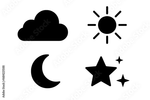 Weather silhouette icon set for apps and websites. Sun for sunny day, cloud for cloudy forecast, moon and stars for night. Vector symbols for climate and meteorology design.