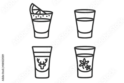 Outline Shot Glass Icon Set with Tequila, Vodka, Jägermeister, Sambuca Shots, Vector Cartoon Illustration, Alcohol Drink Symbols, Bar Beverage Collection, Party Shots