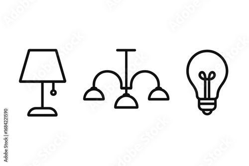 Set of lamp, chandelier, light bulb line icons. Electricity, energy, idea concept. Minimal vector illustration for interior design, web, apps. Home decor symbol.