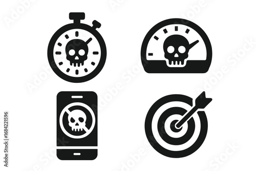 Toxic Productivity Icons, Solid Filled Vector Set of Toxic Productivity Tools, Time Tracker with Skull, Performance Meter, Focus App, Rigid Concept Illustration on Transparent Background