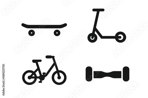 Micromobility solid glyph icon set. Urban personal transportation vectors. Includes skateboard, kick scooter, folding bike, hoverboard. City transport concept illustration.