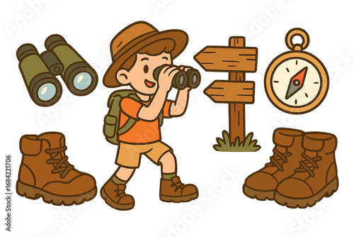Outdoor adventure icon set. Cute boy scout exploring with binoculars. Hiking equipment collection with compass, boots, trail sign. Camping, trekking, travel concept vector.