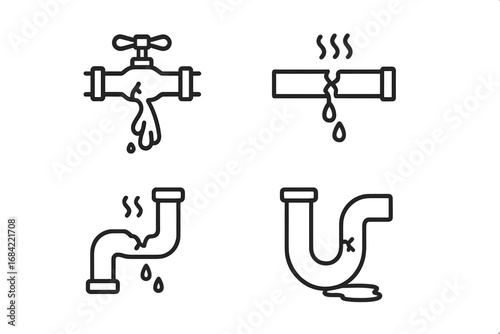 Leaking pipes vector icon set. Plumbing problems, water damage, burst pipeline, dripping valve and drain leak. Outline icons for plumbing repair service. Editable stroke.