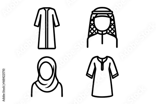 Middle Eastern dress outline icon set. Arabic traditional clothes collection. Man and woman in national costume. Keffiyeh, hijab, abaya, thawb, kaftan, jalabiya vector.