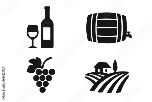 Wine and vineyard icon set. Silhouette collection with bottle, glass, barrel, and grapes. Winery concept. Viticulture and winemaking symbols. Grape harvest and farm vector.