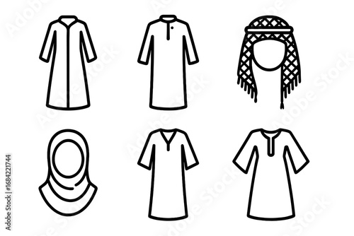 Middle Eastern traditional dress line icon set. Arabic clothing vector collection with abaya, thawb, keffiyeh, hijab, kaftan, jalabiya. Muslim cultural ethnic garments.