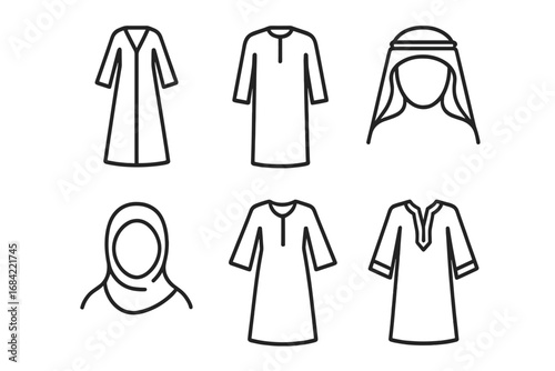 Middle Eastern traditional dress line icon set. Arab man and woman clothes. Abaya, thawb, keffiyeh, hijab, kaftan, jalabiya. Islamic culture vector illustration symbols.
