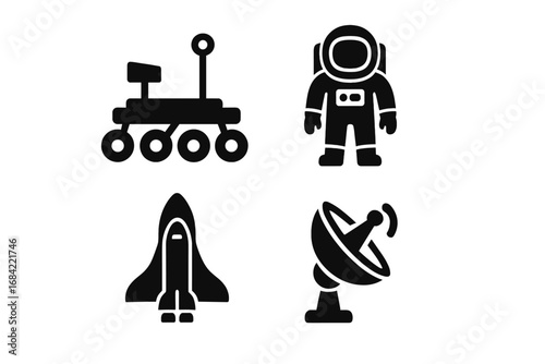 Solid filled vector icons of space exploration featuring rover, astronaut suit, space shuttle, satellite dish, technology symbols for astronomy and aerospace design