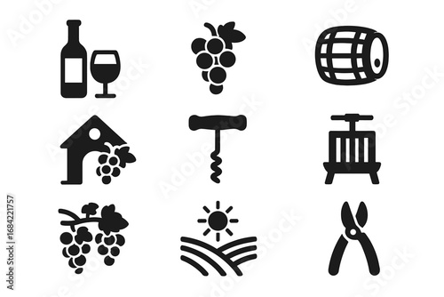 Wine and winemaking solid glyph icon set. Vineyard vector symbols collection. Grape, bottle, glass, barrel, corkscrew, wine press, vine and field. Viticulture illustration.