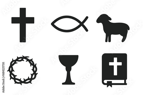 Christian religious symbols vector icon set. Solid glyph collection with cross, Ichthys fish, Lamb of God, crown of thorns, holy chalice, Bible. Faith, Easter concept.
