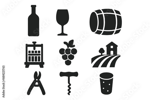 Wine and vineyard solid icon set. Essential winemaking and viticulture symbols. Vector collection includes grape, bottle, glass, barrel, press, corkscrew and farm icons.