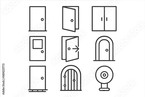 Door line icon set. Collection of entrance, exit, and doorway symbols. Includes open, closed, and double doors, gate, and doorknob. Minimalist outline pictograms with editable stroke.