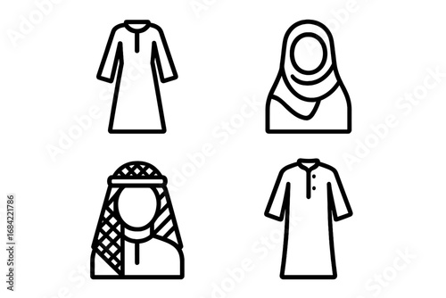Middle Eastern dress icon set. Vector line icons of traditional Arab and Islamic clothing. Includes abaya, thawb, keffiyeh, hijab, kaftan, jalabiya. Muslim cultural fashion.