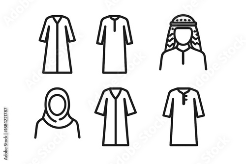 Middle Eastern traditional dress icon set. Arabic and Islamic clothing symbols. Man and woman in thawb, abaya, hijab, keffiyeh, kaftan, jalabiya. Ethnic line art vector.