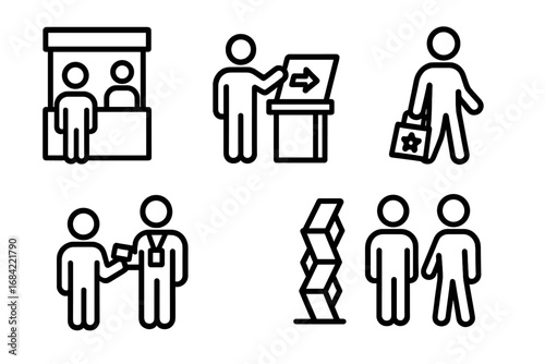 Trade Show Icons Outline Vector Set of Visitors, Exhibitor Booth, Demo Kiosk, Swag Bag, Badge Scanner, Brochure Rack, Business Event, Exhibition, Marketing Symbols