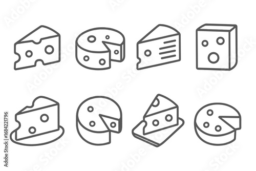Cheese line icon set. Various types of cheese collection like wedge, wheel and slice. Dairy food product symbol for grocery store, menu, web. Vector outline pictogram.