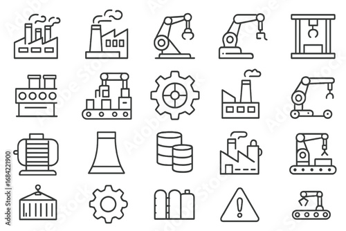 Factory and industrial production line icon set. Manufacturing, automation, and engineering symbols. Robotic arm, conveyor belt, power plant, and gear vector icons.
