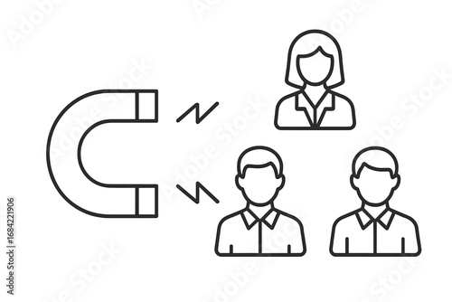 Magnet attracting people line icon. Concept of inbound marketing, lead generation, customer acquisition. Metaphor for HR, employee recruitment, hiring, finding talent, staff retention.