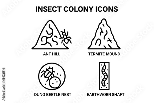 Insect colony icons set with ant hill, termite mound, dung beetle nest, earthworm shaft. Vector outline pictogram collection of burrowing insects for entomology and biology.