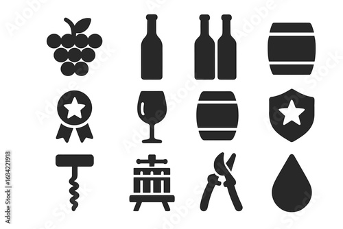 Wine and winery solid icon set. Winemaking glyph collection with grapes, bottle, glass, barrel, corkscrew, and press. Viticulture and oenology vector symbols.