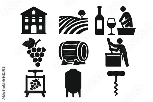 Wine making process icon set. Vector silhouette collection. Winery, vineyard, grape harvest, stomping, pressing, fermentation, aging in barrel. Bottle, glass, corkscrew.
