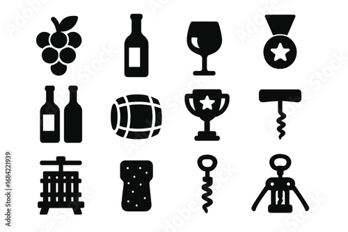 Vector icon set of wine and winemaking. Black glyph silhouettes for winery and vineyard. Grapes, bottle, glass, barrel, cork, corkscrew, press, award trophy illustration.