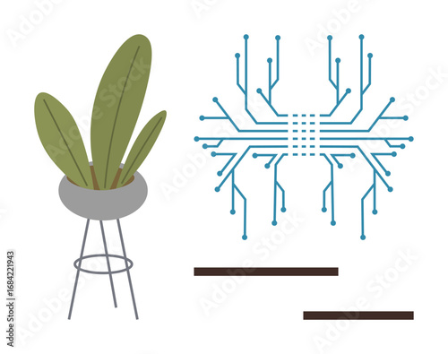 Potted plant with broad leaves beside a digital circuit board design. Ideal for balance, technology, sustainability, modern design, innovation, eco-consciousness, growth. Simple flat metaphor