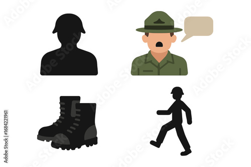 Military drill icon set. Flat vector illustration of soldier silhouette, drill sergeant, marching boots. Army training, discipline, command, and boot camp concept symbols.