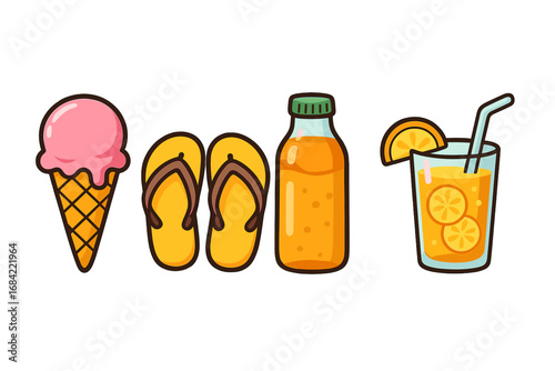 Summer essentials for a beach day including ice cream cone, yellow flip flops, orange juice bottle and glass with straw, refreshing cold drinks, cartoon vector illustration