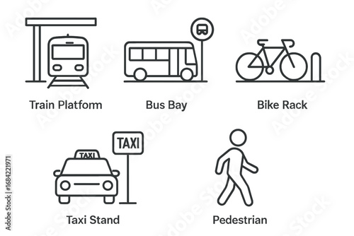 Transit Icon Set of Multimodal Transportation and Urban Mobility Outline Vector Illustrations Featuring Train Platform, Bus Bay, Bike Rack, Taxi Stand, Pedestrian Symbols on Transparent Background