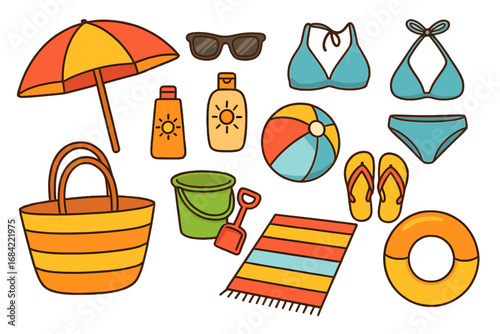 Summer vacation essentials for a fun beach or pool day with family and friends, colorful vector cartoon illustration, playful beach accessories, swimwear, sun protection, and leisure items set