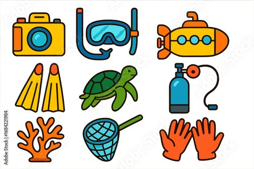 Set of marine icons for diving and snorkeling. Vector collection with submarine, turtle, camera, scuba mask, fins, oxygen tank, coral, net. Underwater adventure concept.