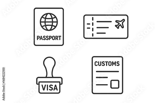 Travel icons grid outline set with passport, boarding pass, visa stamp, customs form, international travel documents and airport essentials vector illustration