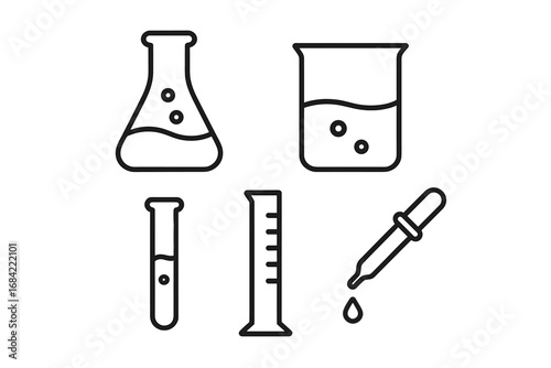 Laboratory glassware line icon set. Chemistry lab equipment with flask, beaker, test tube, graduated cylinder, pipette. Science, research, experiment vector symbols collection.