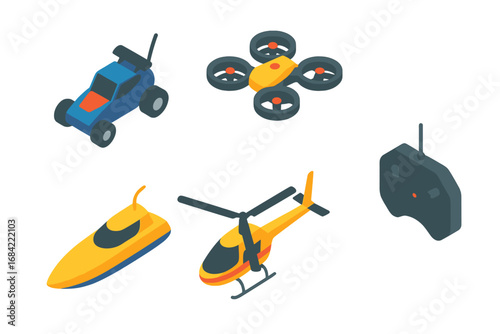 Remote control toy icon set. Isometric vector collection of RC vehicles. Includes radio controlled car, drone, boat, and helicopter with a controller. Hobby flat design.