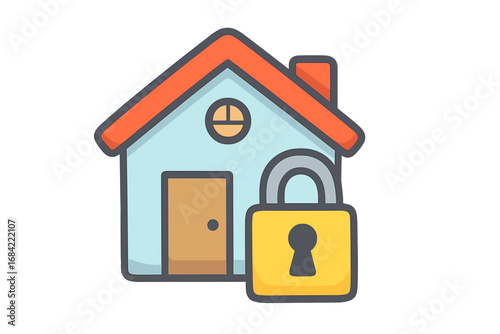 House and lock icon symbolizing home security, property protection, and safety. Vector illustration for real estate, insurance, and mortgage concepts. Cartoon graphic for web.