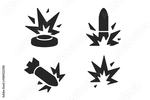 Military explosive icon set. Solid glyphs of war weapons. Vector symbols for landmine, bomb, artillery shell, missile strike, detonation, and explosion. Army armament graphics.