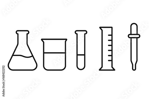 Laboratory glassware outline icon set. Science and chemistry research equipment. Vector line art of flask, beaker, test tube, cylinder, and pipette for lab experiments.