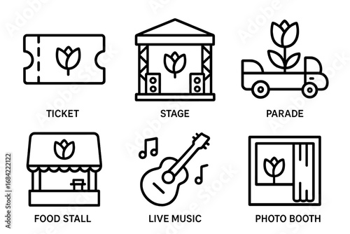 Tulip Festival Icon Set, Line Art Vector Illustrations of Festival Ticket, Stage, Parade Float, Food Stall, Live Music, Photo Booth, Celebration and Event Elements
