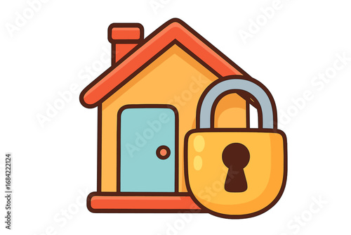 House security concept with home and padlock. Real estate protection and safety symbol. Property insurance icon. Vector cartoon illustration for privacy and secure access.