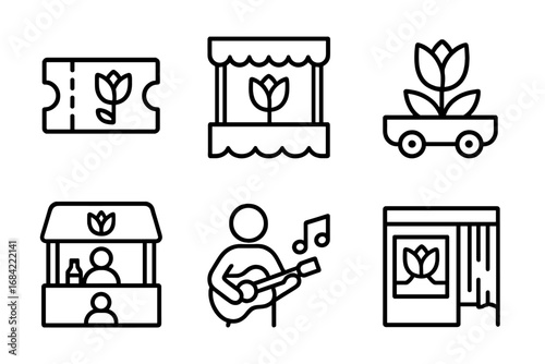 Tulip Festival Outline Icon Set with Ticket, Stage, Parade Float, Food Stall, Live Music, and Photo Booth Symbols, Vector Illustration on Transparent Background