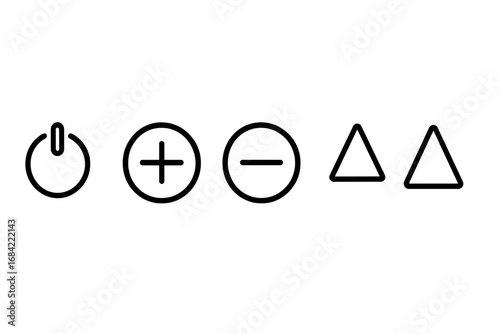 Remote control buttons icon set. Linear vector symbols for TV or media player. Power on off, volume up and down, channel navigation signs. Minimalist outline UI element.