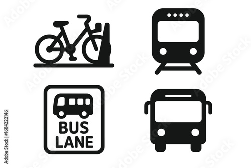 Sustainable City Travel Icons. Solid Filled Vector Set Featuring Eco-Friendly Shared Bike Dock, Modern Subway Train, Dedicated Bus Lane Sign, and Public Transit Bus Illustration