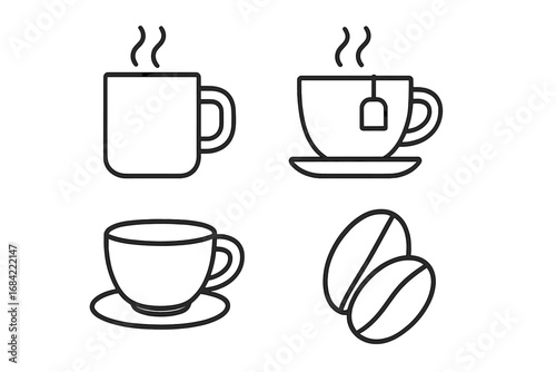 Coffee and tea outline icon set. Vector linear symbols for cafe menu, website, app design. Includes mug, teacup, saucer, teabag, and coffee beans. Hot drinks pictogram collection.