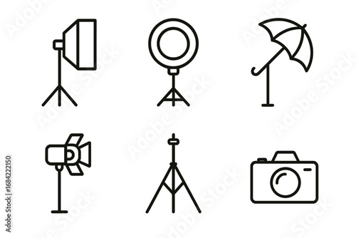 Lighting studio icon set. Outline vector symbols of photography equipment. Softbox, ring light, umbrella reflector, spotlight, tripod, camera. Professional photo video production.
