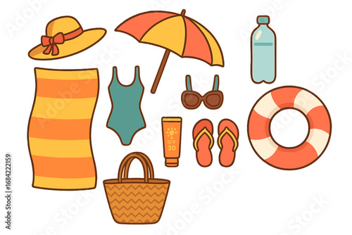 Summer Vacation Essentials for Relaxing Beach or Pool Days, Vector Cartoon Illustration with Hat, Swimsuit, Umbrella, Towel, Sunscreen, Flip Flops, Sunglasses, Water Bottle, Beach Bag, and Float Ring