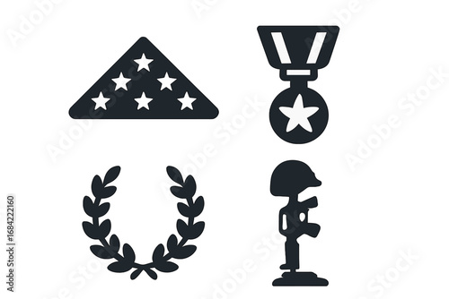 Military honors and remembrance icon set. Vector symbols of service and sacrifice. Folded flag, medal of honor, laurel wreath, and battle cross for fallen soldiers. Memorial.