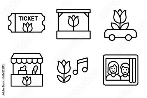Tulip Festival Icons Outline Set with Ticket, Festival Stage, Parade Float, Food Stall, Live Music, and Photo Booth Vector Illustration Transparent Background