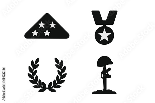 Military honors and remembrance icon set. Vector symbols of sacrifice: folded flag, medal of honor, laurel wreath, and battlefield cross for a fallen soldier. Veterans Day.